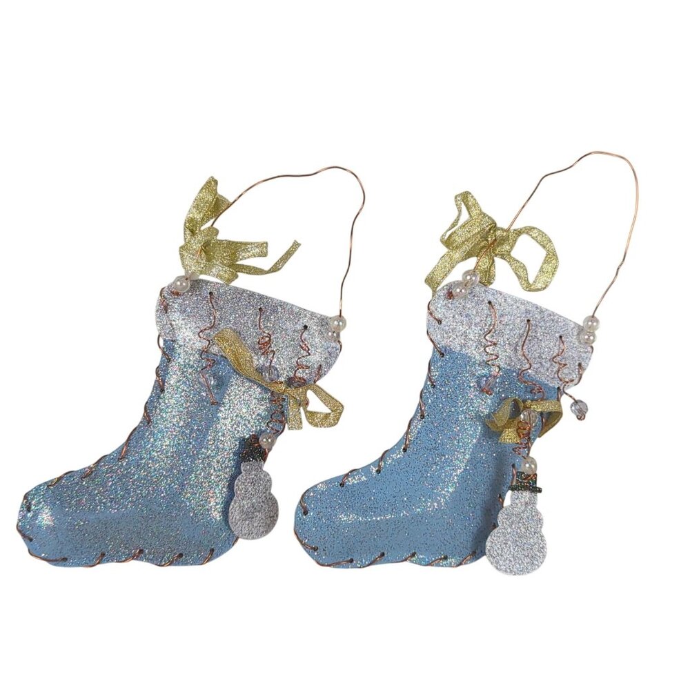 Handmade Blue White 2 Glitter Ornaments Christmas Stocking Metal 5.5" Snowman